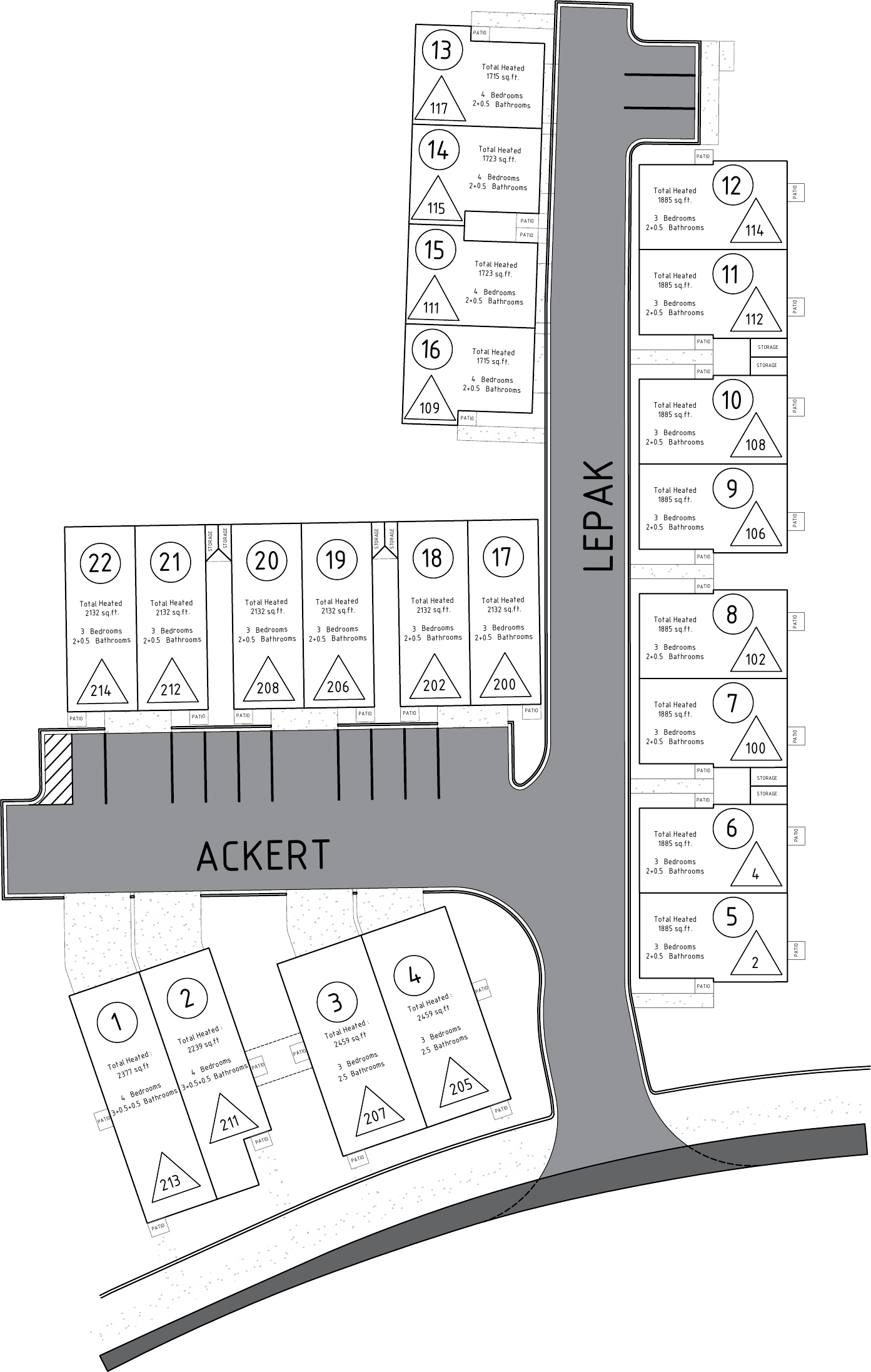Numbered site plan for all 22 Hue on Green residences along Lepak Lane and Ackert Way
