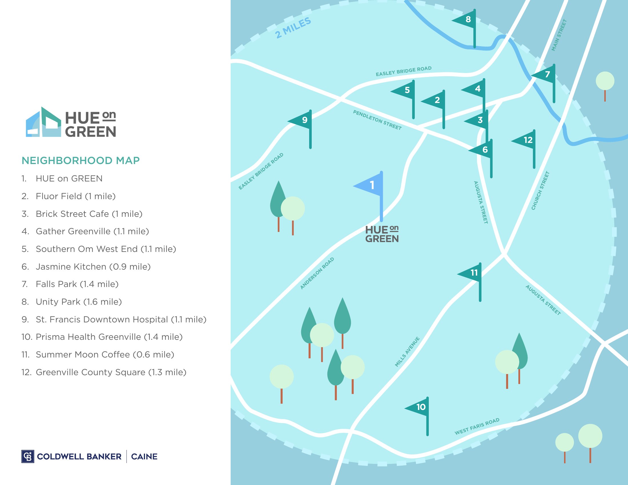 Walking map of Hue on Green and downtown Greenville destinations